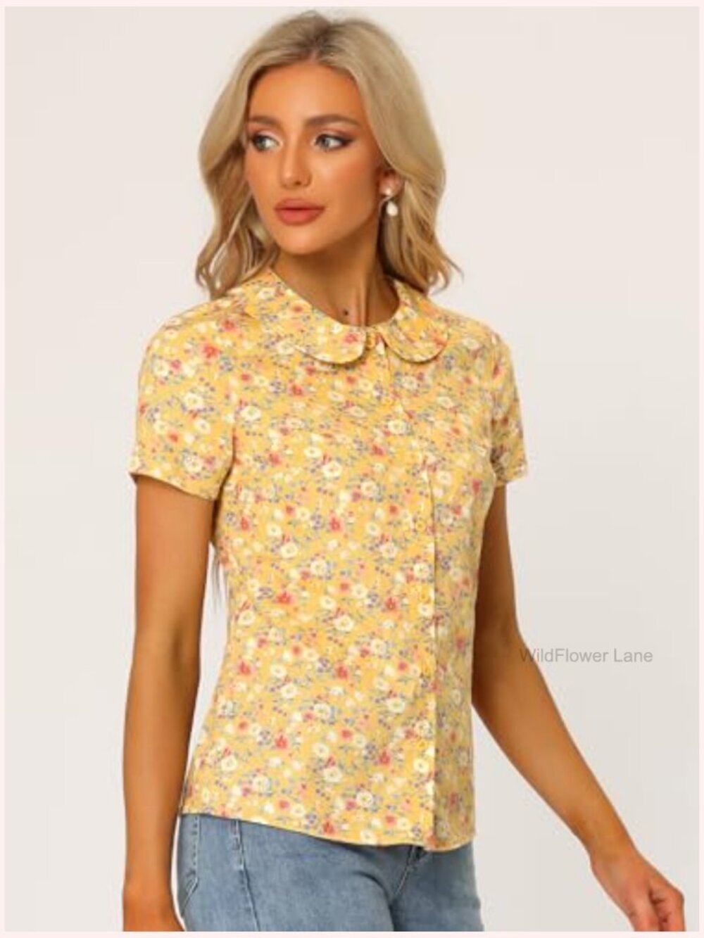 Vintage Floral Peter Pan Collar Button Front Blouse Short Sleeve - Picture 2 of 5